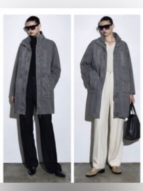 Zara Gray Longline Utility Coat Women XS Oversized Military Jacket Minimalist